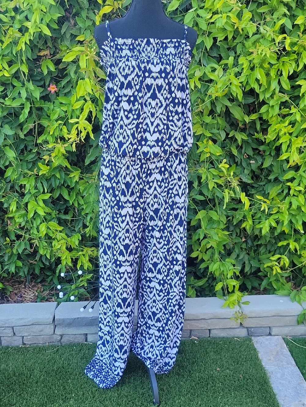 Blue And White Flowy Wide Leg Boho Pants Romper With Pockets
